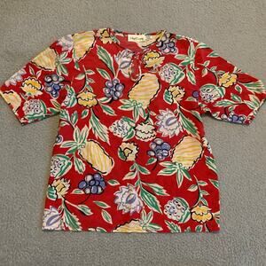 Vintage Oleg Cassini Top 4 Medium Silk Fruit Art Floral Tomato Girl Retro Shirt